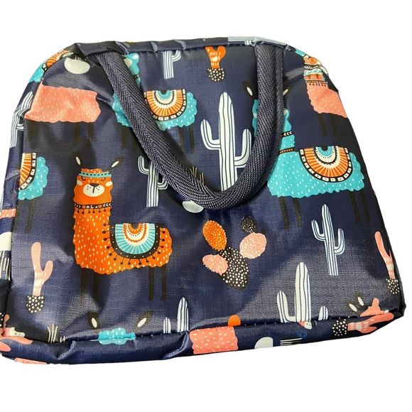 Llama Insulated Lunch Box Navy Blue Pastel Cartoon Llamas Zipper 8” x 9” x 5” - Picture 9 of 9
